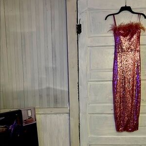 Cocktail dress Vintage Pink Sequin  with Feather Trim